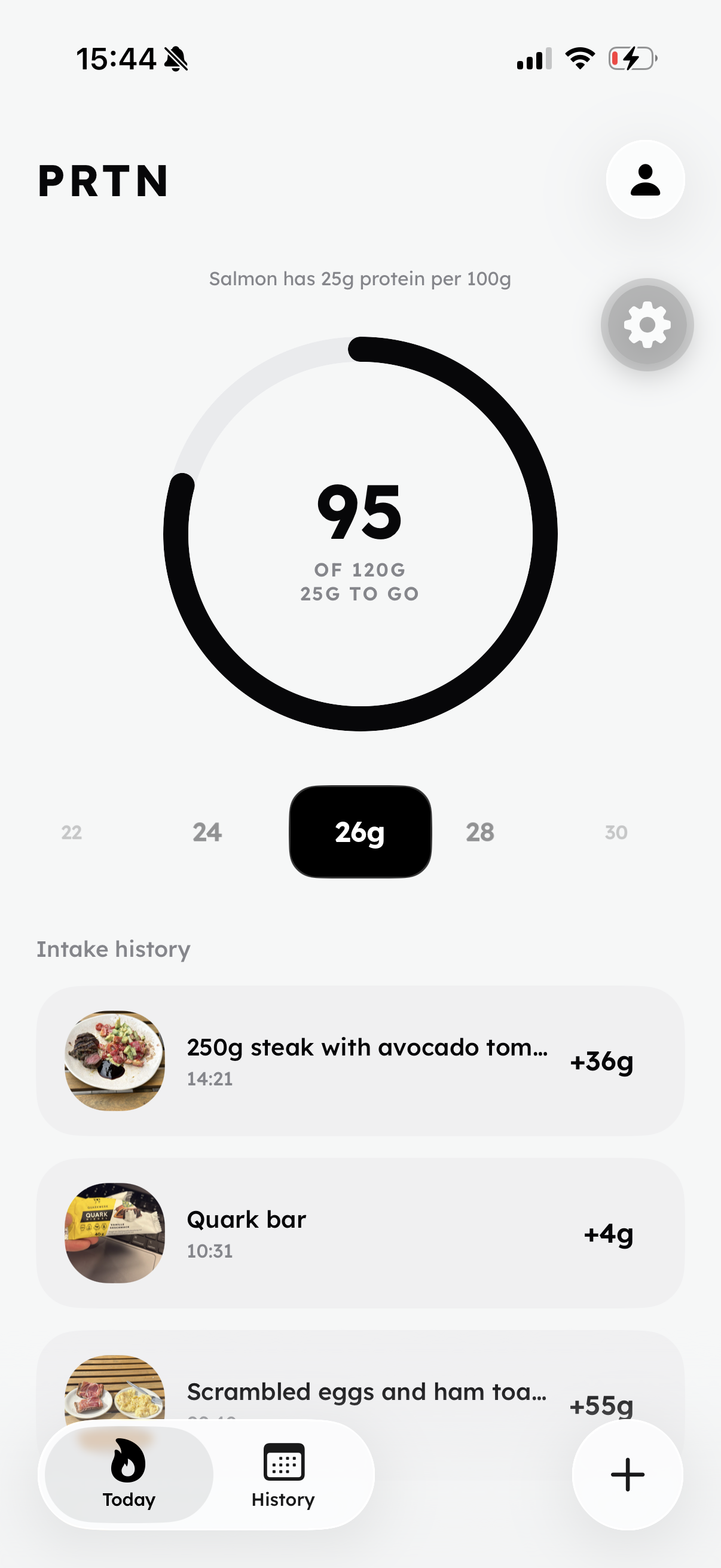 PRTN app home screen showing today's protein progress